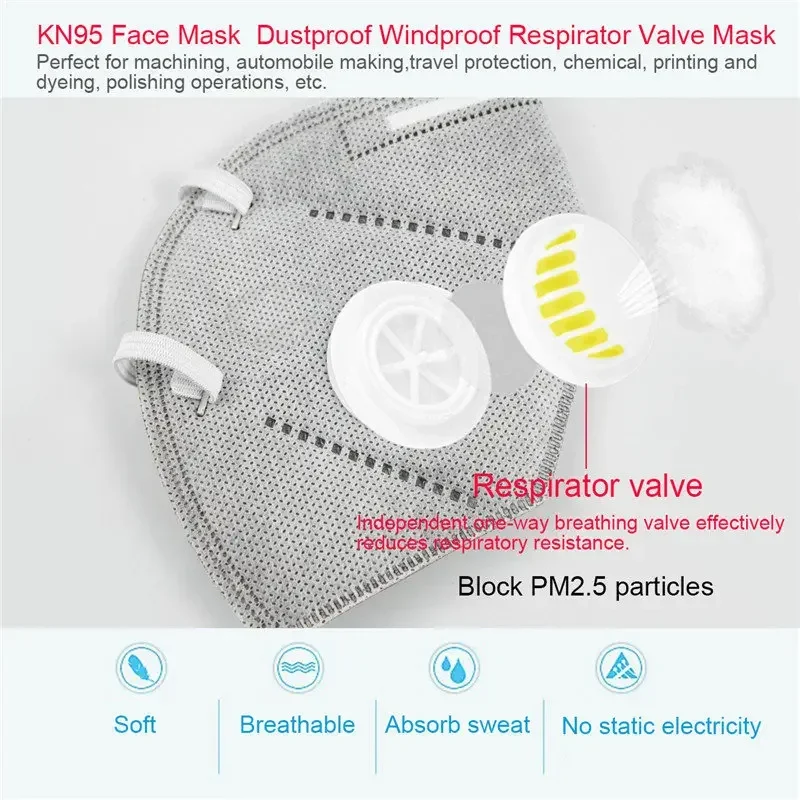 Lot de 100 masques FFP2 avec valve disposés en éventail sur fond bleu.