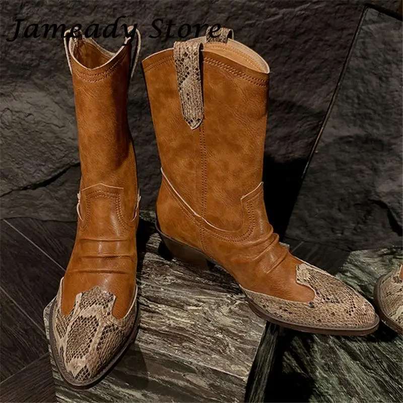 

Chunky Platform Thick Bottom Pointed Toe Boots Women Fashion Mixed Color Genuine Leather Western Cowboy Boots All Match Female