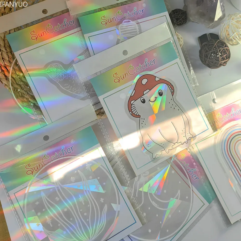 Window Stickers Sun Catcher PVC Self Adhesive Glass Window Stickers Cat Moth Energy Suncatcher Wallpaper Rainbow Prisms Sticker Sunlight Decals