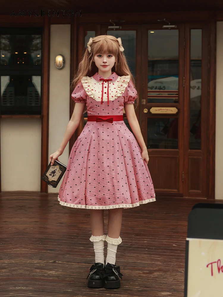 

Sweet Cute Doll Collar Printed Plaid Dress Summer Lolita Bow Puff Sleeve High Waist Dresses Elegant Preppy Style Dress Women