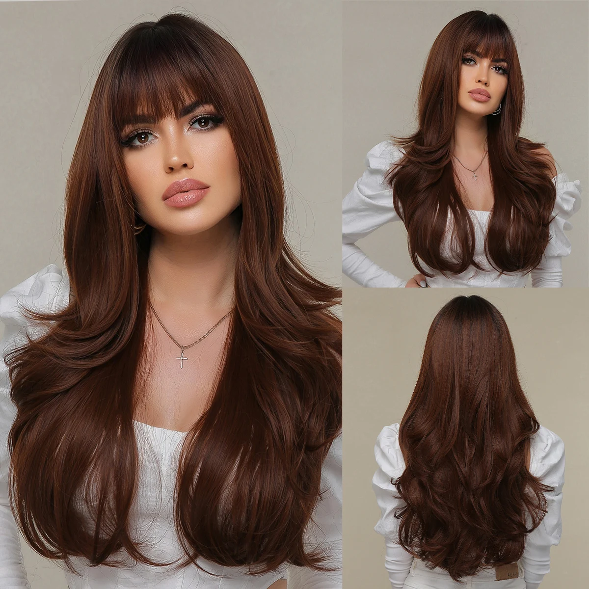 

HENRY MARGU Natural Red Brown Ombre Synthetic Wigs Long Wavy Hair With Bangs for Black Women Daily Cosplay Heat Resistant Wigs