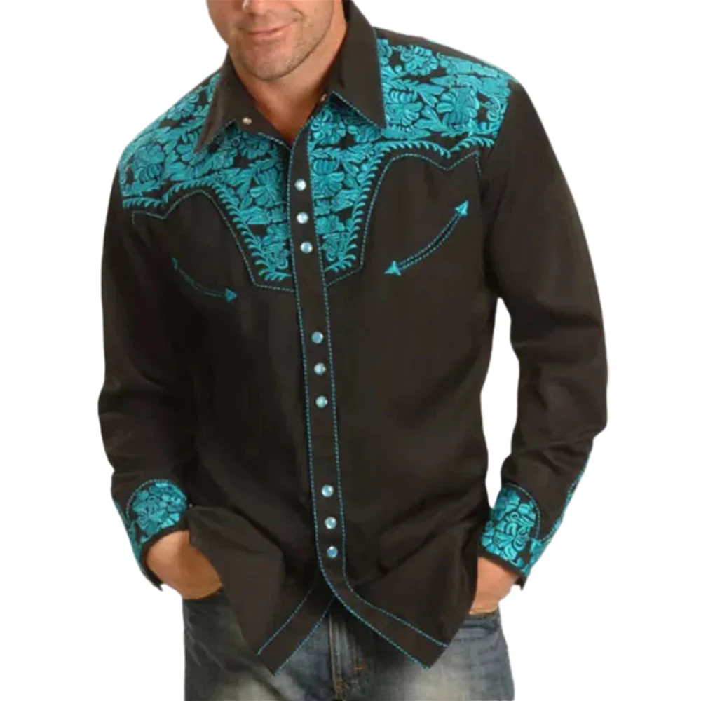 Description Picture 5 of itemNew Men Western Loose Printed Western Vintage Long Sleeve Shirts Casual Slim Button Down Dress Shirt Blouse Tops Men's Shirt