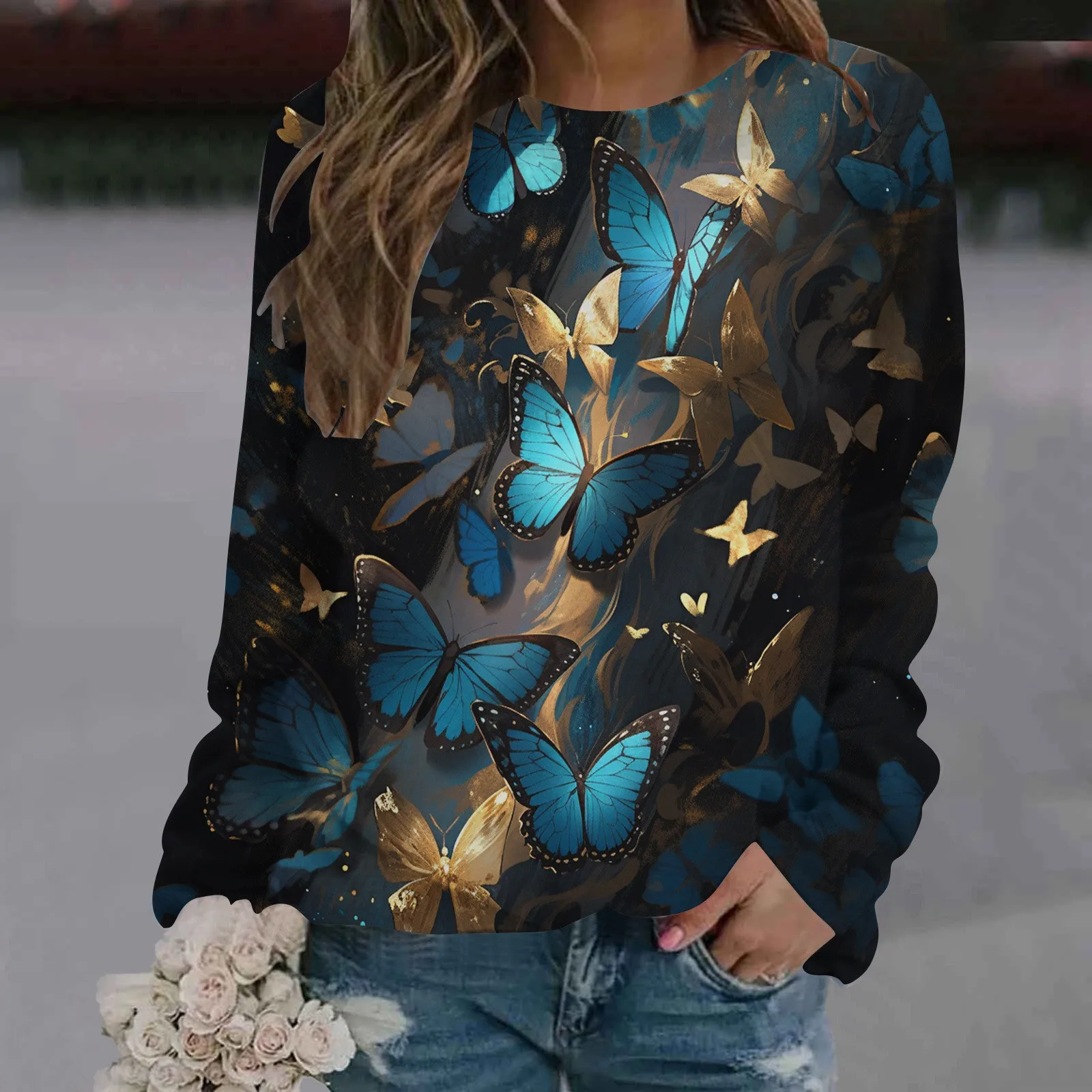 

Women Casual Crew Neck Sweatshirt Striped Butterfly Printing Long Sleeve Sweatshirt Casual Top Crop Sweatshirts Women Set