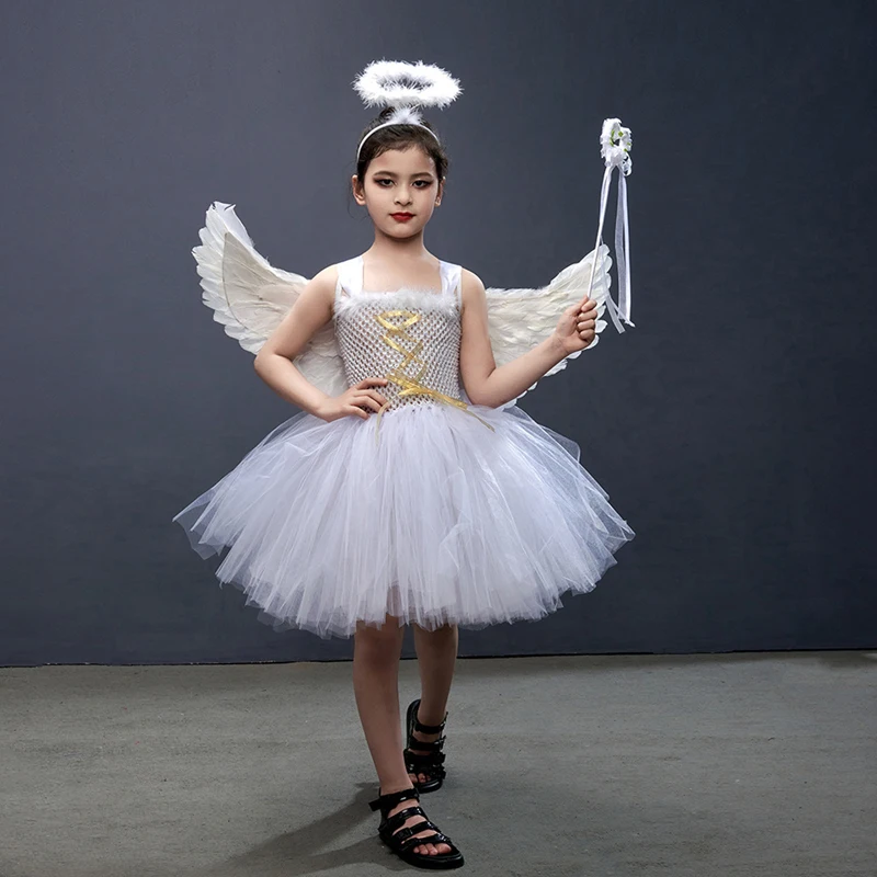 Halloween Angel Costume for Girls Include Feather Wings,Halo Headband, Magic Wand, Layer Tutu Skirt Kids Fairy Cosplay Costume