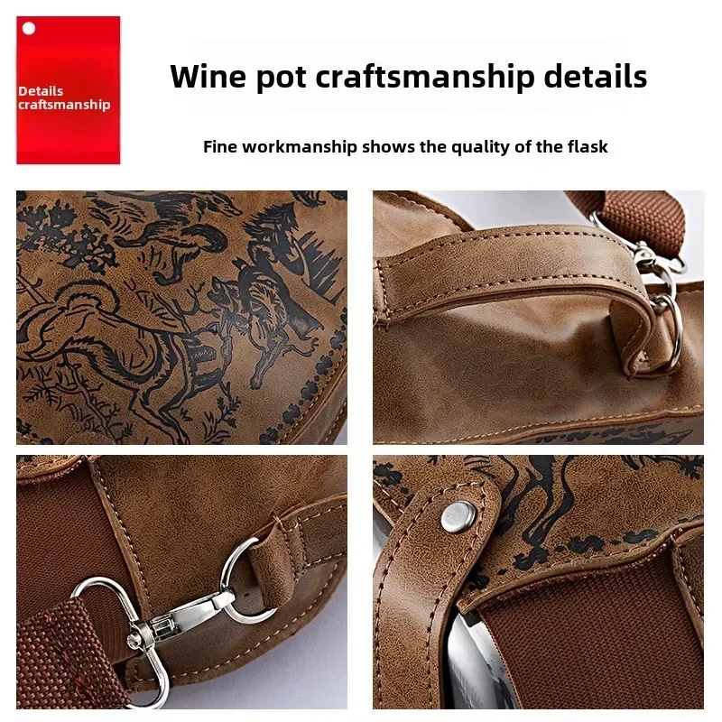 러시아어 휴대용 레트로 가죽 힙 플라스크 수제 보트 와인 가방 전통 공예 물 위스키 알코올 병 야외 Drinkware