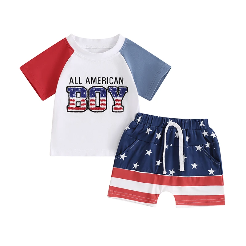 

0-3T Toddler Boys 4th of July Outfits Letter Embroidery Short Sleeve T-Shirt and Stars Stripes Shorts for 2 Piece Clothes Set