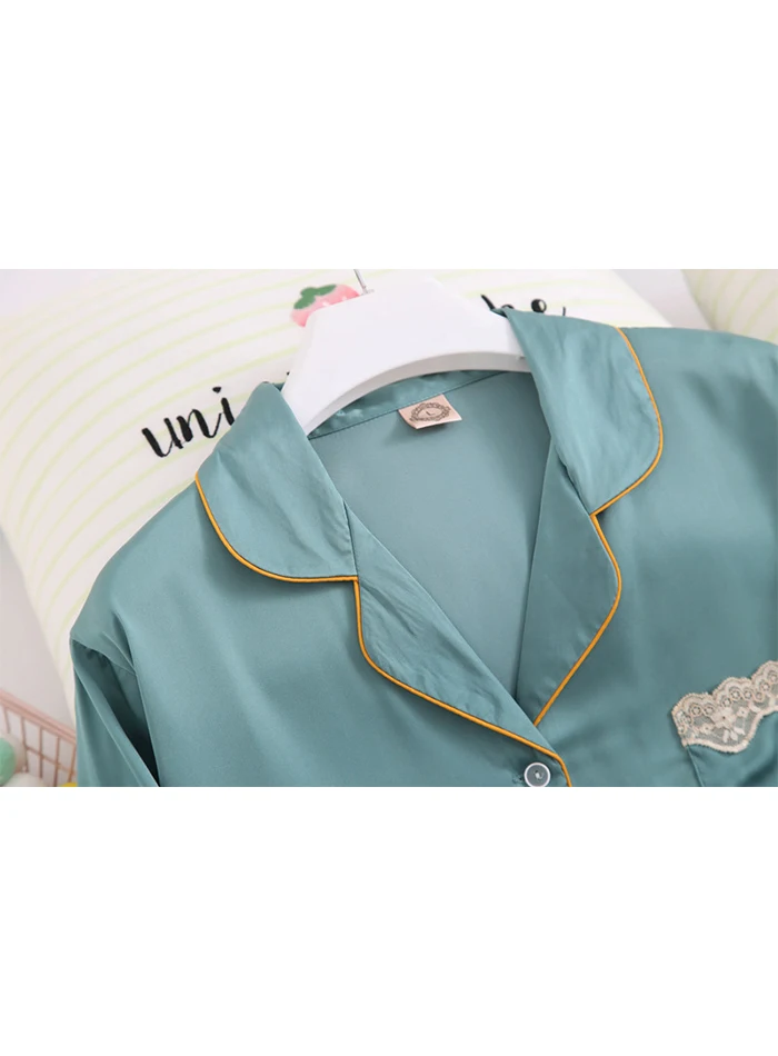 Satin Pajamas Set Faux Silk Women Sleepwear Shirt&pants Casual Lace