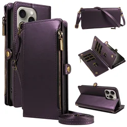 Deluxe Wallet - Style Mobile Phone Case with Multi - Card Slots and Coin Zipper - Faux Leather Crossbody Strap Design - iPhone 12 Mini (Purple)