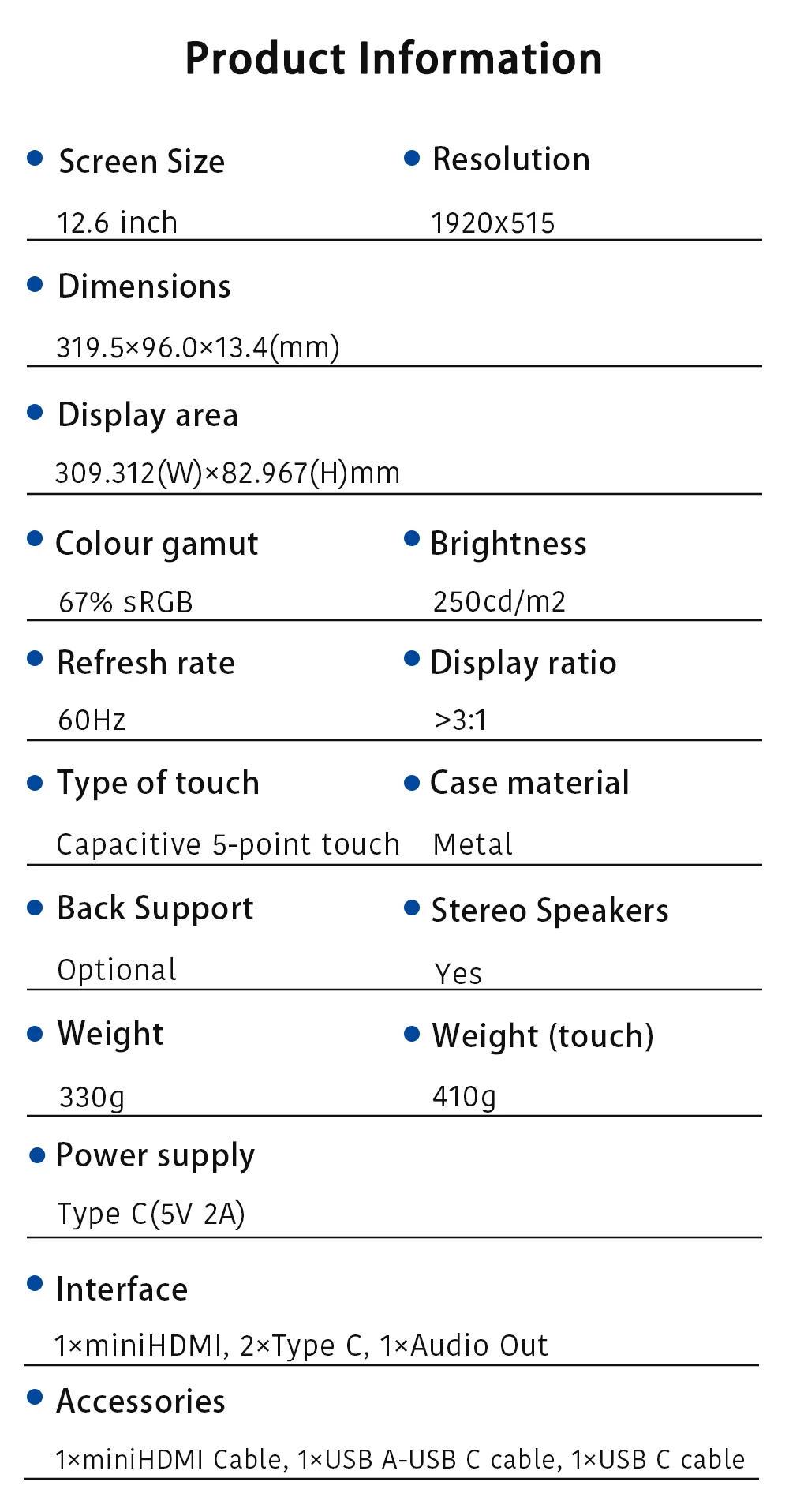 LESOWN 12.6 ġ CŸ , 1920x515 ÷, Ʈ ̵ , USB C ġ ũ, LCD  Ÿ ÷, ̵ ũ, PC  M