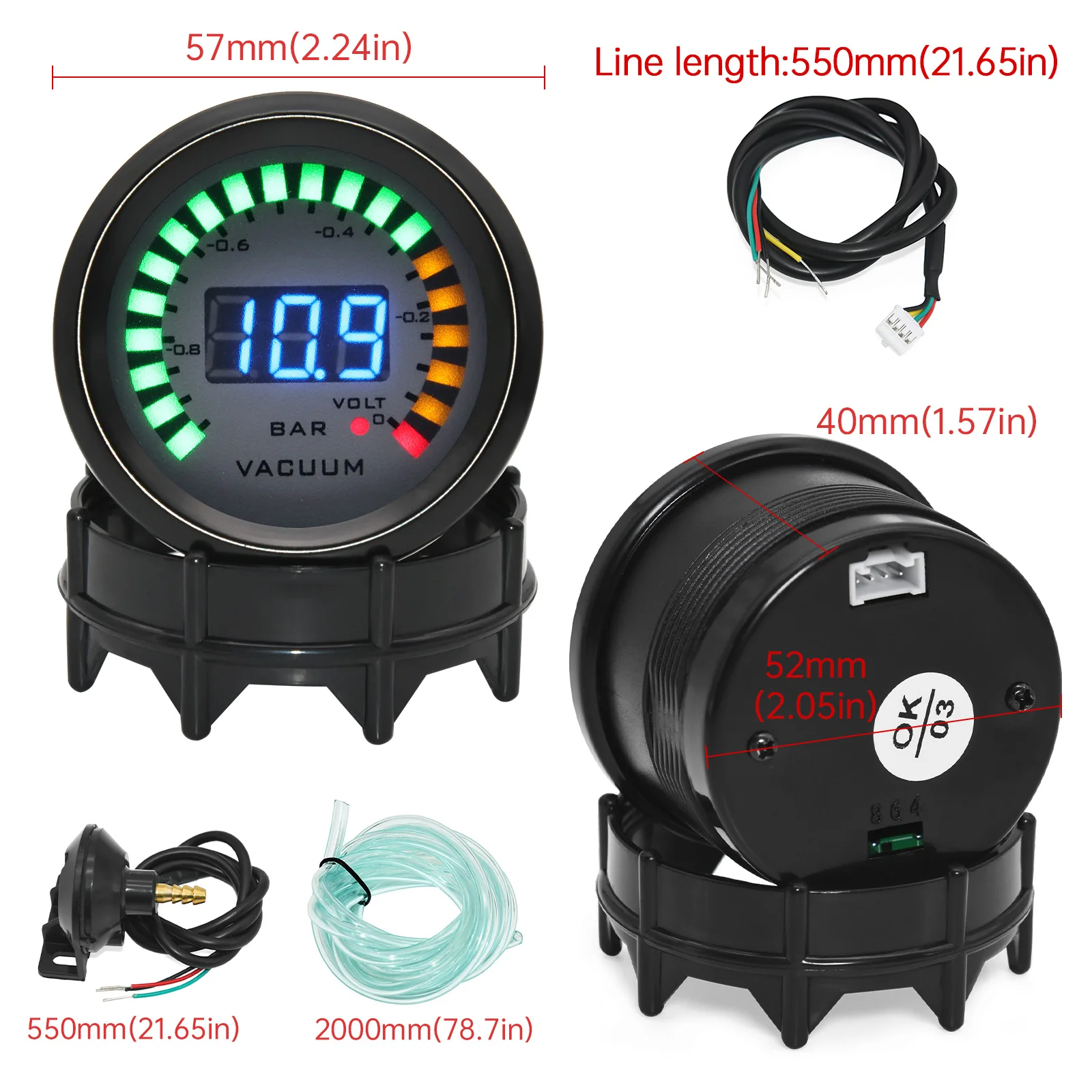 52mm Universal Vacuum Meter With Voltmeter -1~0Bar Vacuum Gauge 52mm Holder For 12V Car Racing