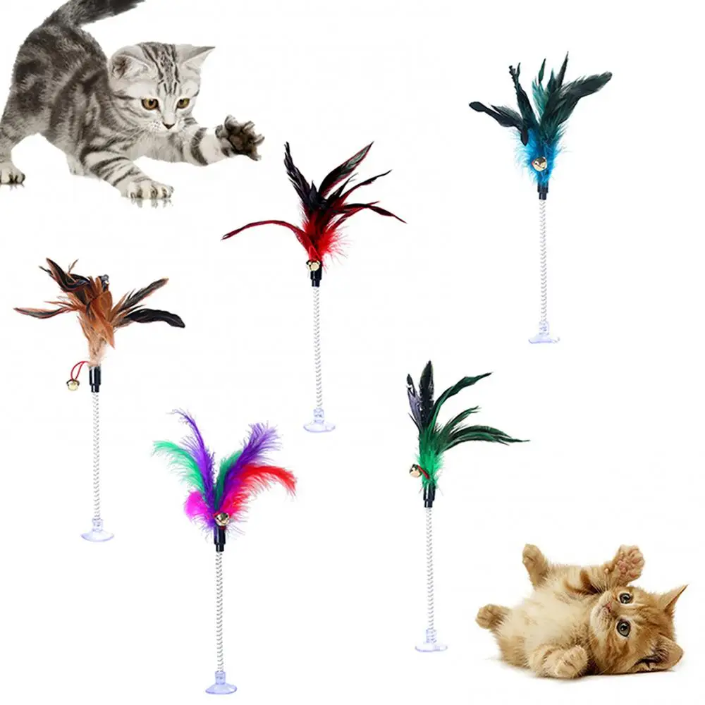Feather Bell Spring Suction Cup Cat Toy Cat Stick Playing Kitten Playing Teaser Wand Toy Suction Cup Bird Feather Cat Wand Stick