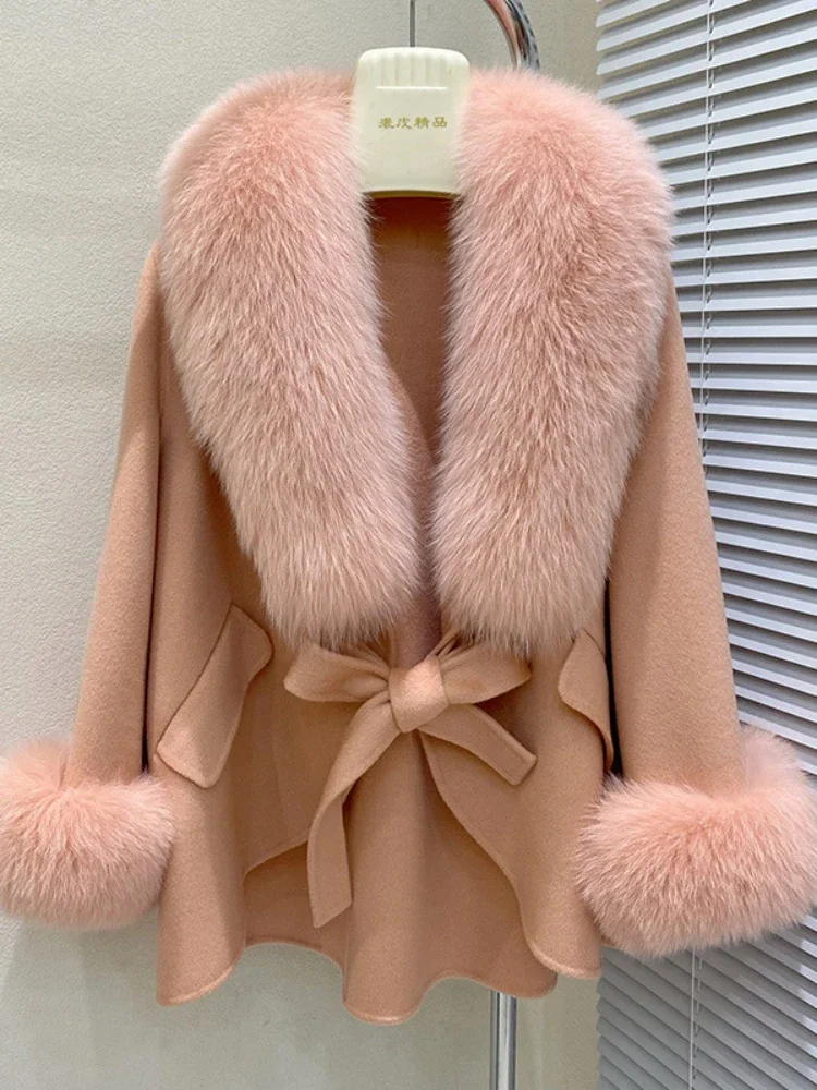 

Sweet Cute Bell Sleeve Fur Collar Women's Real Fur Coat 2023 Autumn Winter Commute Whole Leather Fox Fur Collar Cape Fur Coat