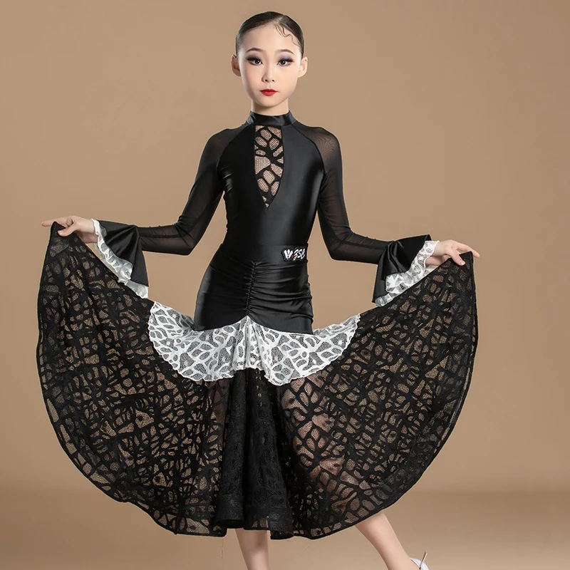 

2024 Ballroom Dance Competition Clothing For Girls Long Sleeved Big Swing Skirts Suit Chacha Rumba Tango Latin Dress DN17641