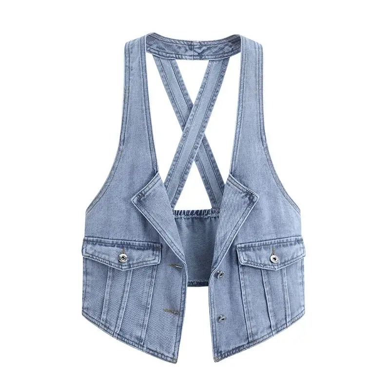 

Spring/summer Womens Back Cross Denim Vest Waistcoat