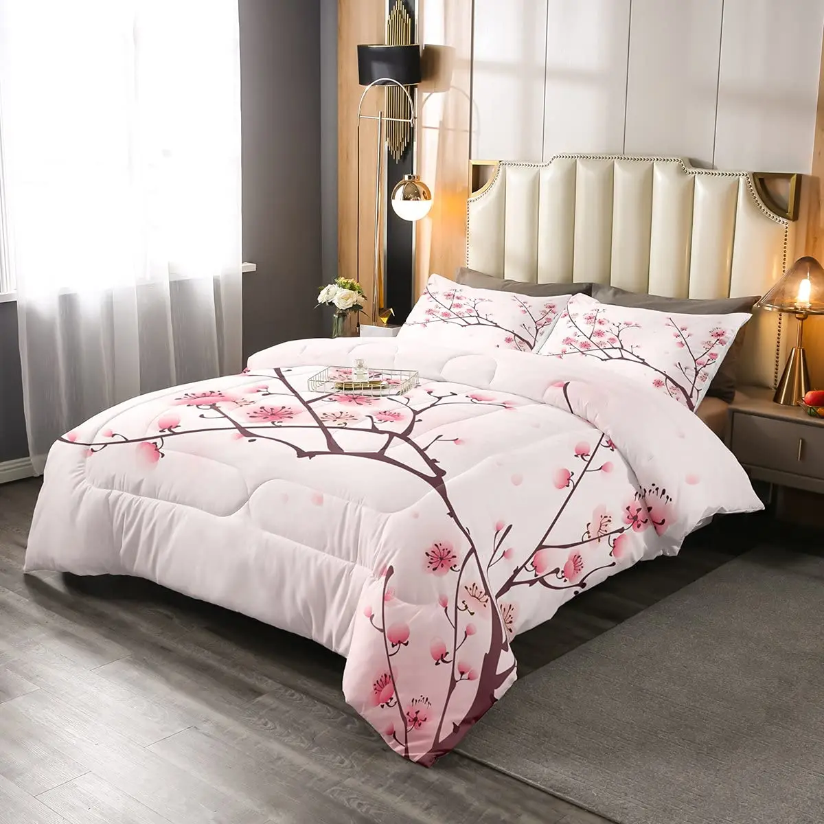 Japanese Duvet Cover Set, Sakura Tree Flowers Cherry Blossoms Spring Theme Art, Decor 3 Piece Bedding Set with 2 Pillow Shams 2