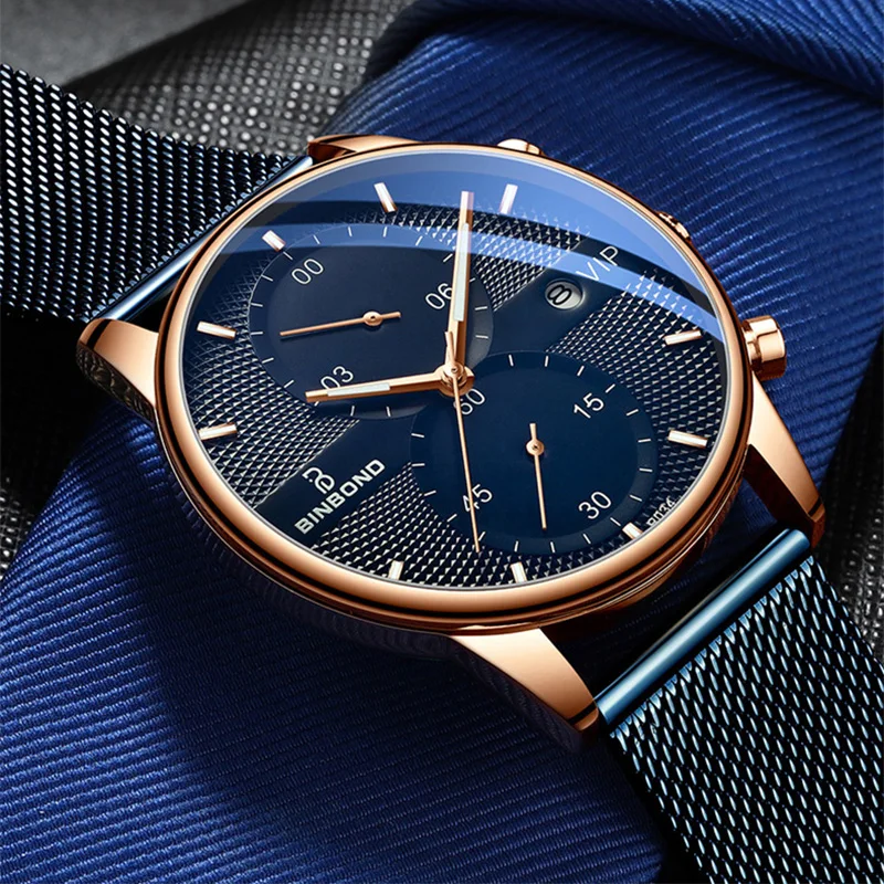 2023 New Fashion Business Mens Watches Top Brand Luxury Blue Ultra Thin Mesh Chronograph Quartz Waterproof Luminous Wristwatch