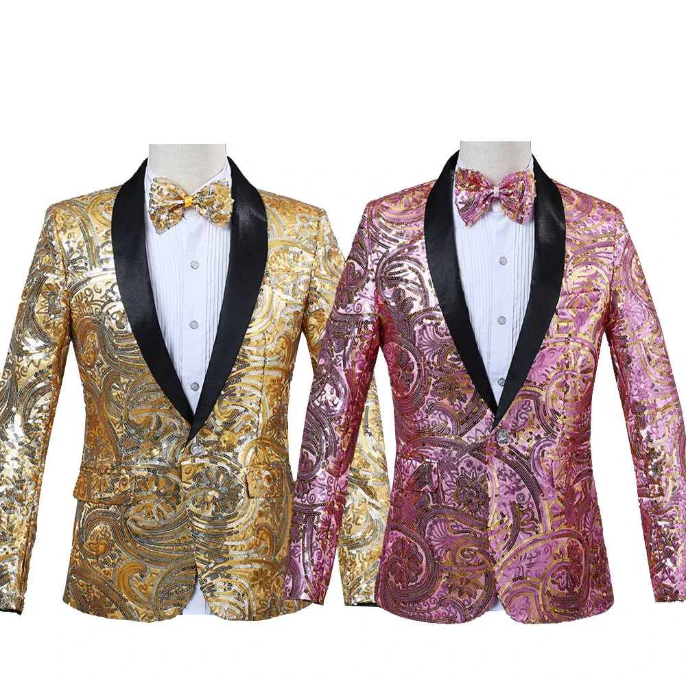 

Sequin Party Blazers Suit Coat Men Charm Casual Performance Jacket One Button Fit Long Sleeve Coats Jackets Night Club Tops