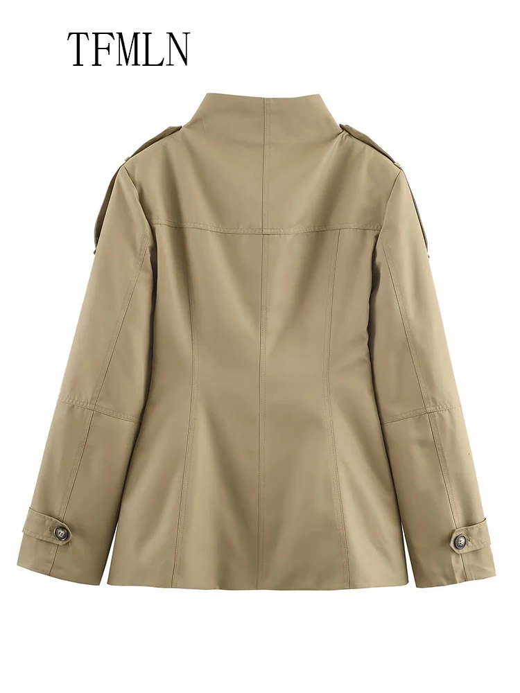 Retro 2025 Autumn Woman Stand Collar Jackets Fashion Single Breasted Pockets Solid Causal Chic Coats High Street Slim Outwear