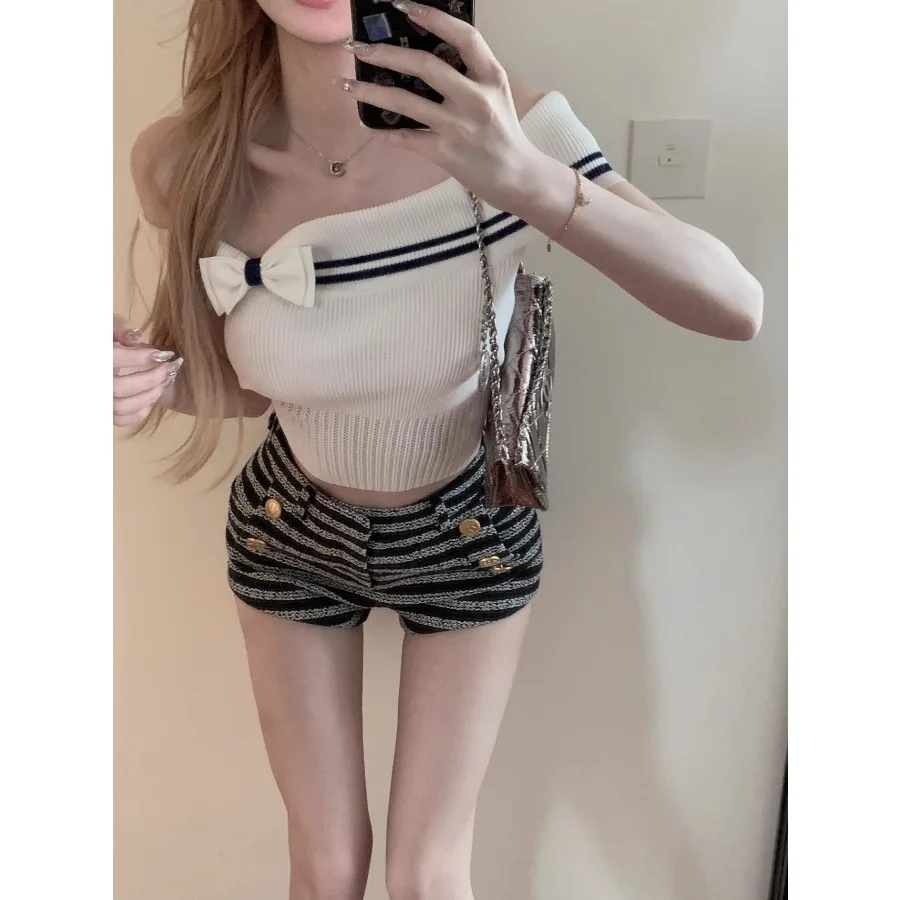 

Bow Sailor Style Cute Striped Off Shoulder Slim Knit Crop Top White T-shirt Short T Shirt Women y2k knitted cropped korean cloth