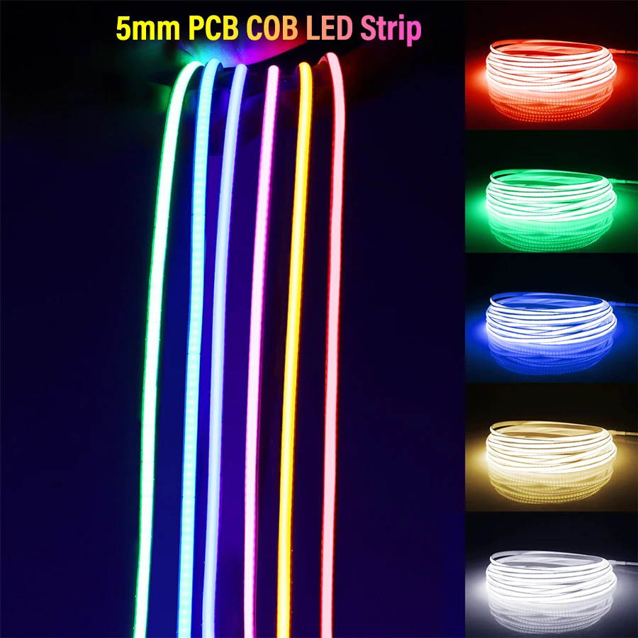 Fob Cob Led Strip 12v 24v Flexible 5mm 8mm 10mm Width Ra 90 High Bright Led  Tape Light Bar Ice Blue White Red Green Pink Yellow - Led Strip - AliExpress