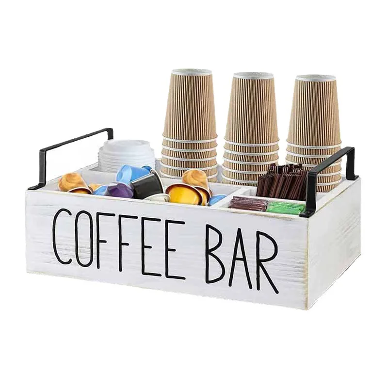 Wooden Storage Box Multi Compartment Organizer for Coffee Tea Bags Paper Cups Countertop Desktop Kitchen Storage Tidy Box