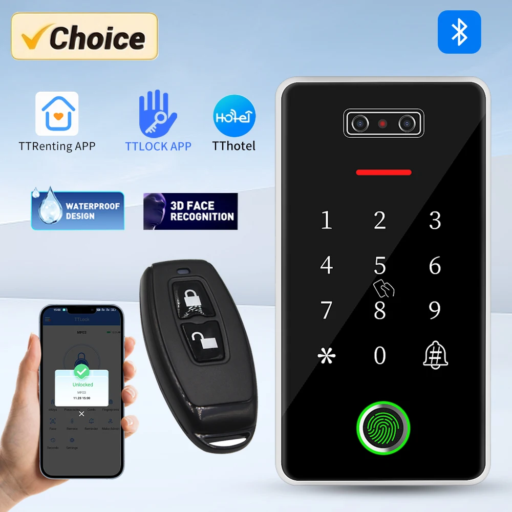 جهاز التحكم في الدخول TTLOCK البيومتري يدعم 100 وجه و100 بصمة، مع لوحة مفاتيح متوافقة مع بوابة G2 وأنظمة TTHotel وTTRenting وقارئ RFID لفتح الأبواب.