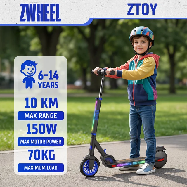 Trottinette électrique pour enfants ZWHEEL ZToy, pneus de 6,5 pouces, 150 W, autonomie de 10 km, vitesse et hauteur réglables, pour enfants de 6 à 14 ans, filles et garçons, lumières colorées, trottinette électrique pliable 1