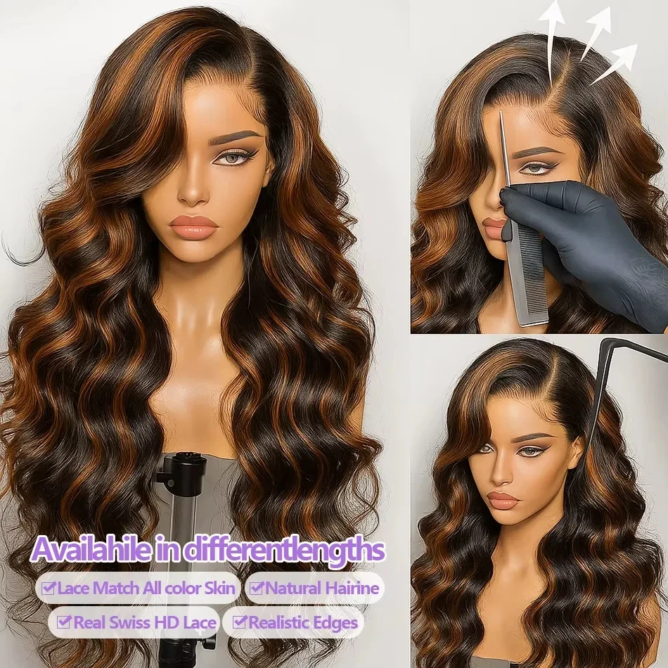 Perruque Highlight en Cheveux Humains Ondulés, Perruques Lace Front 13×6, Perruque Lace Front Ombrée 13×4 Vietnamienne pour Femmes, Perruques Noires 1B/30 230%