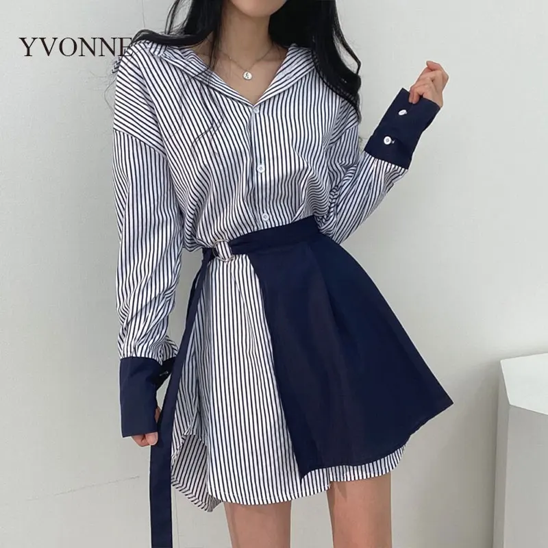 

2023 Korea Women Shirt Skrit Set With Blet Spring Retro Chic Blue Long Sleeve Office Lady V Neck Shirt + Solid Mini Skrit Dress