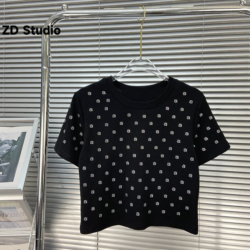 

[ZD Studio] A Letter Hot Diamond Sleeve T-shirt Women's Summer 2023 New Spicy Girl Fit Slim Short Top Ins Fashion