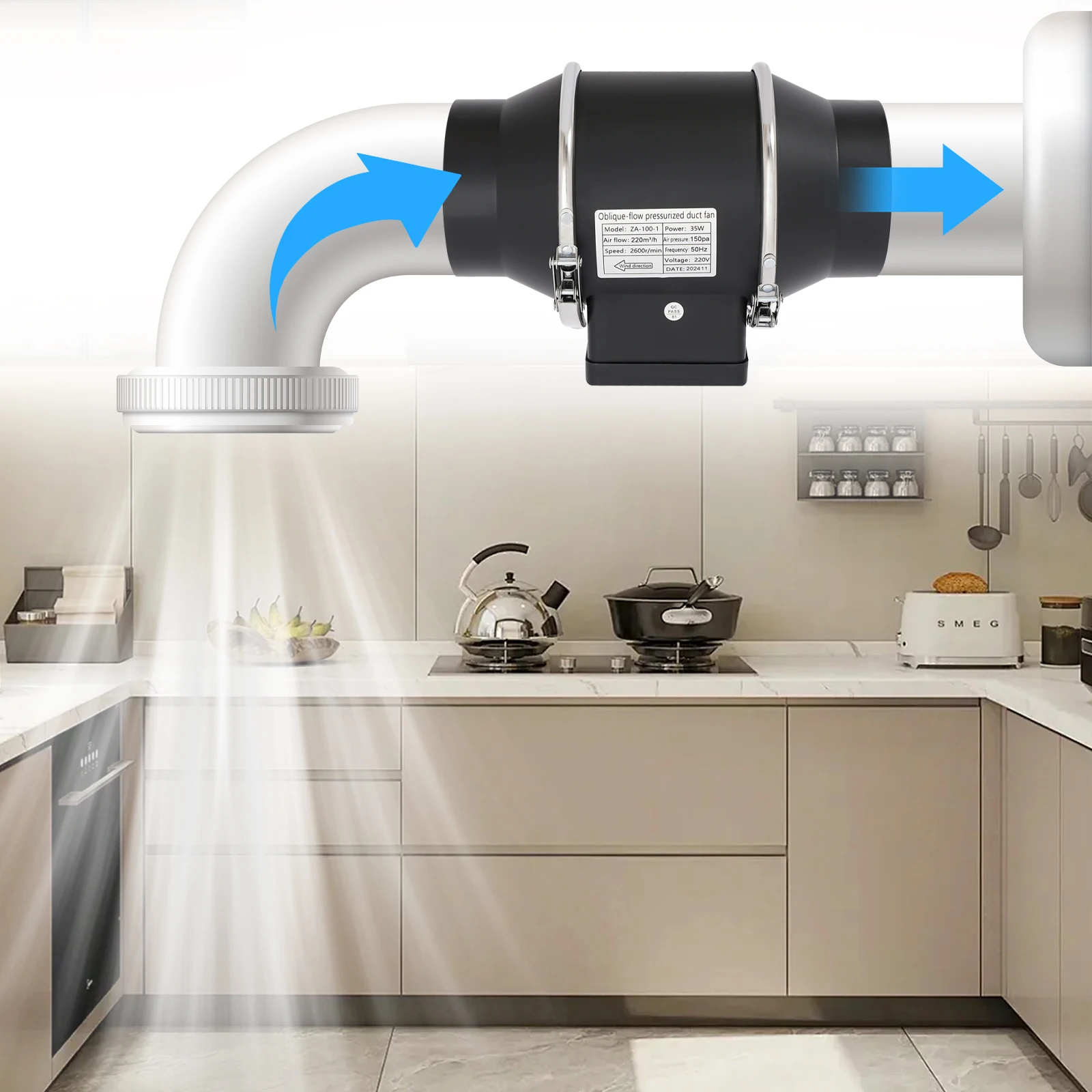 Ventilator za ispušni kanal instaliran u kuhinjskoj ventilaciji