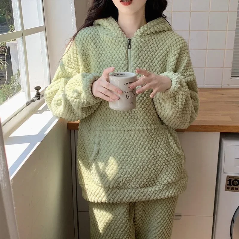 2024 New Coral Velvet Zippered Pajamas for Women Autumn Winter Thickened Plush Loungewear Warm Stand Collar Loose Homewear