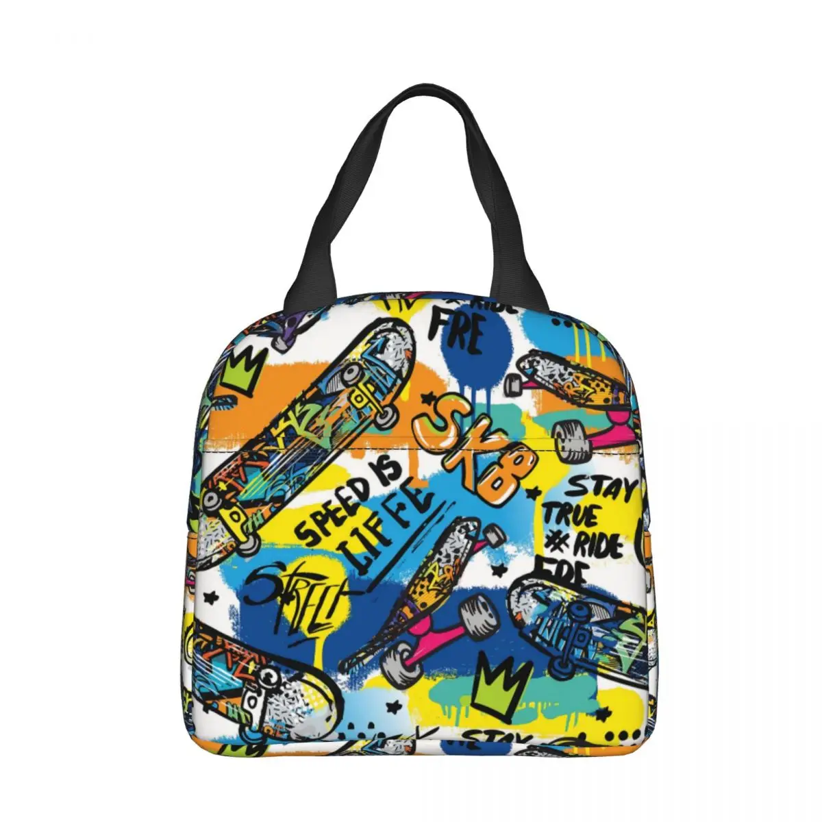 

Skateboard Prints Oxford Cloth Portable Bags Graffiti Art Pattern School Trip Lunch Hiking Debris Cooler Food Handbags