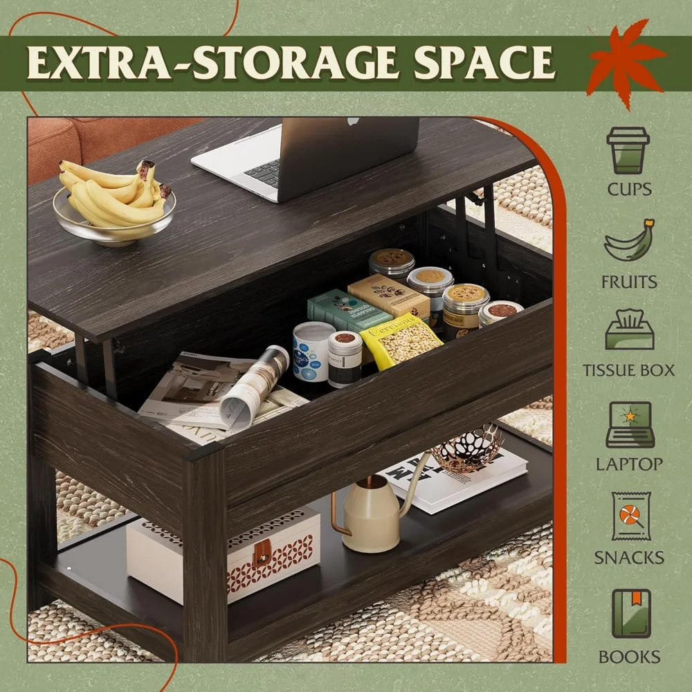 Coffee Table, 39" Lift Top Coffee Table with Hidden Compartment and Storage Shelf for Living Room, Espresso 4