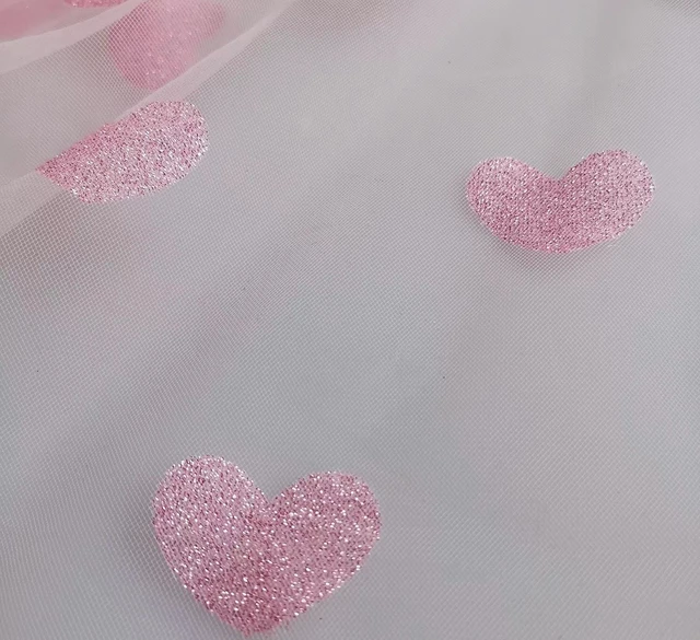 45cm Sweet Glitter Pink Heart Print Mesh Tulle Fabric High Quality