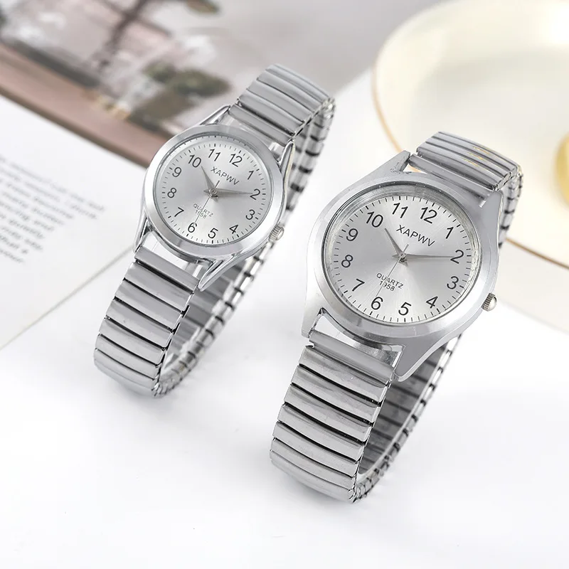 Man Women Couple Wrist Watches Stainless Steel Band Alloy Lovers Business Movement Wristwatch Elastic Strap Band Quartz Watch 2