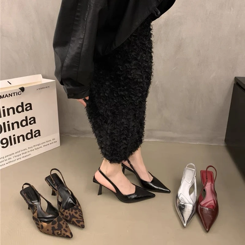 Shoes Woman 2024 Trend Pointed Leopard Print Shoes Summer High Heels Temperament Short Heels Single Shoes Fashion Sexy Sandals