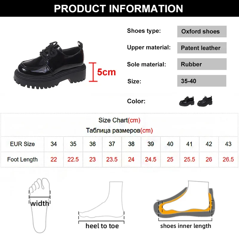 Women Oxford shoes Chunky platform Non-slip Lace-up Flats Thick bottom Patent leather Gothic shoes
