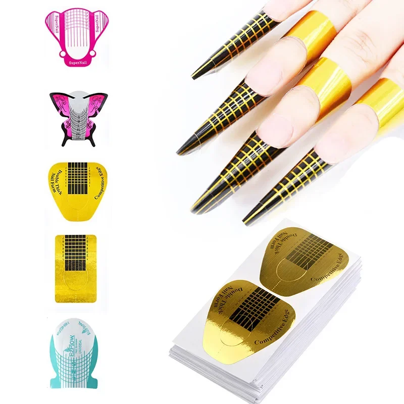 

100Pcs Nail extension paper tray Gold Nail Forms For Manicure Salon Rectangular airplane horseshoe butterfly Extension Tools