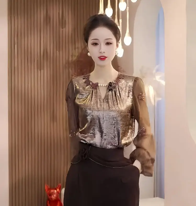 커피 셔츠 기질 긴팔 셔츠 여성 봄, 가을 새로운 긴팔 라운드 넥 탑 아름다운 독특한 셔츠