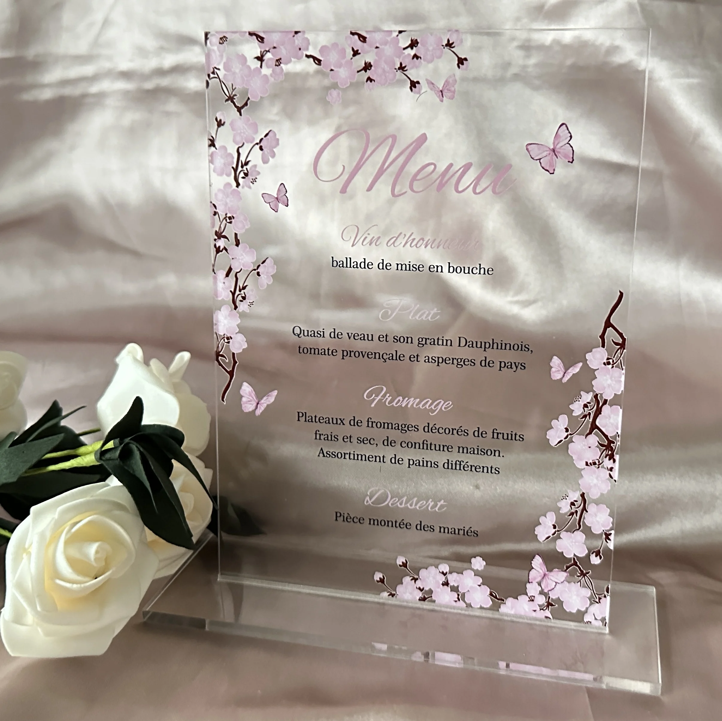Description Picture 3 of item10pcs Custom Acrylic Wedding Invitation Menu,Butterfly,Blossom Pink Floral Dinner Menu Personalized Menu Card for Decoration