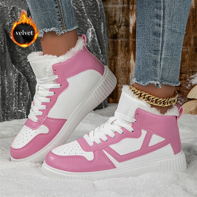 Winter Fur Skateboard Shoes Women Fashion Pink Warm High Top Sneakers Woman Trainers Outdoor Comfy Velvet Women's Sports Shoes