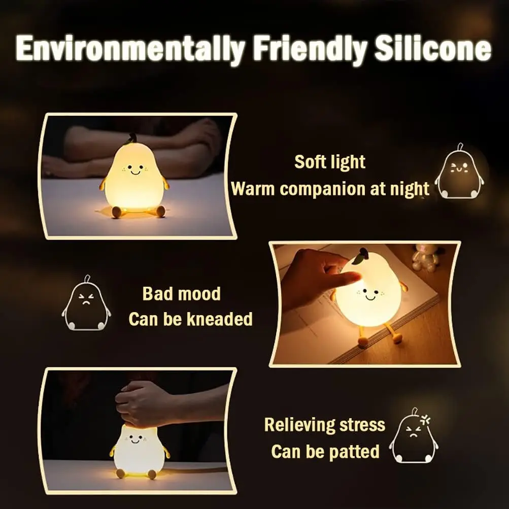 Cute Pear Durian Drumstick Night Light USB Rechargeable Nightlights Silicone Lamp Touch Switch Bedroom Decoration Birthday Gift 4