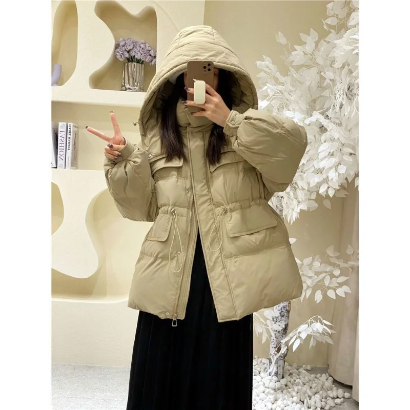

2023 New down Jacket Women's Mid-Length Loose Waist White Duck down Thickening Stand Collar Hooded Winter Coat