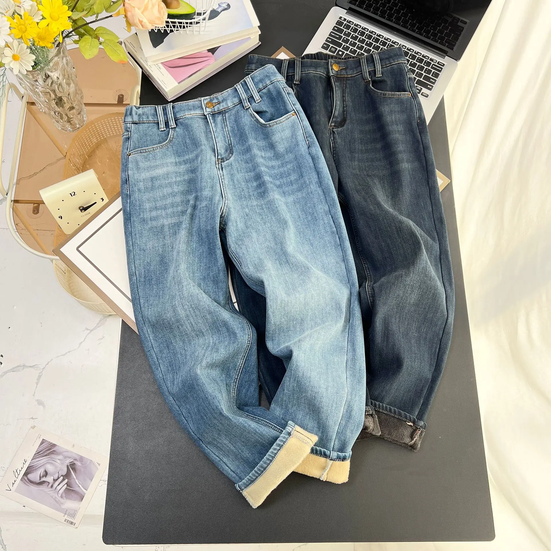 XXXXL Fashion Plus Size Women's Jeans Winter New Style Simple Fleece Warm High Waisted Denim Ankle-Length Harem Pants 6555