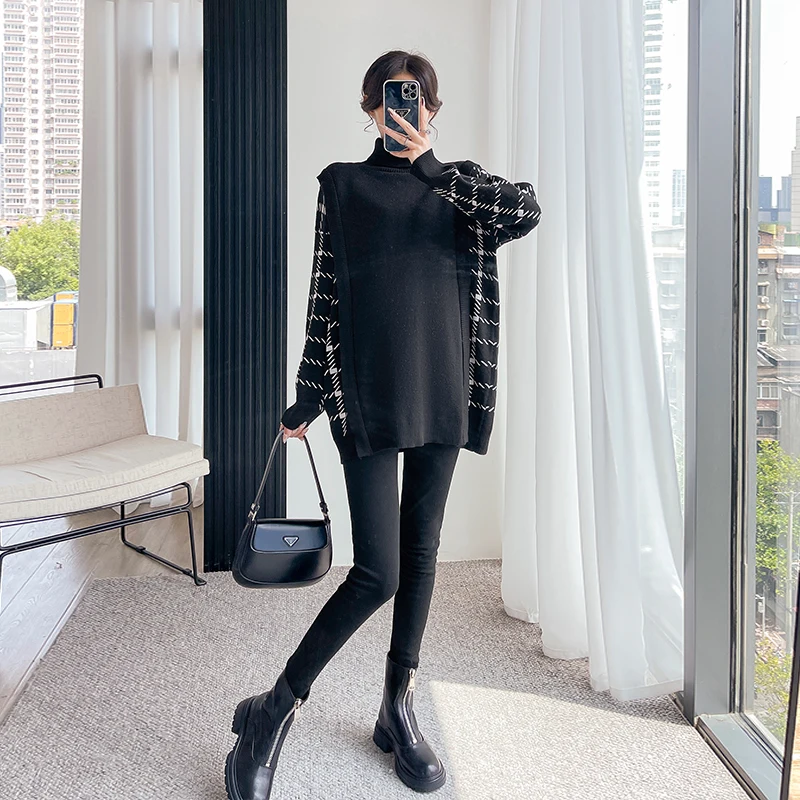 Patchwork Knitted Maternity Sweaters Large Size Loose Ties Waist Shirt Clothes Winter Pregnant Women Pregnancy clothing
