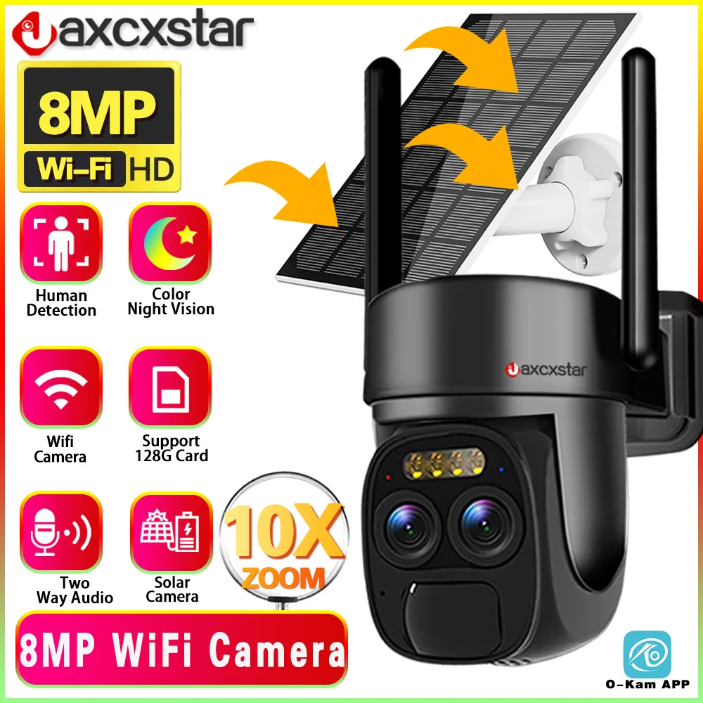 

10X Zoom Dual Lens WIFI Solar Cameras 8MP Wireless Surveillance PTZ Battery Camera 4K Color Night Vision Two Way Audio O-KAM APP