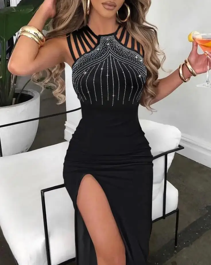 

Womens Dresses 2024 Summer Fashion Rhinestone Decor Multi-Strap Sexy High Slit Cutout Plain O-Neck Sleeveless Maxi Party Dress