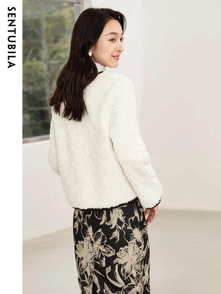 SENTUBILA Autumn Winter Faux Fur Coat Women 2023 Fashion V Neck Single Breasted Crop Top Warm Granular Velvet Jacket W34P49732