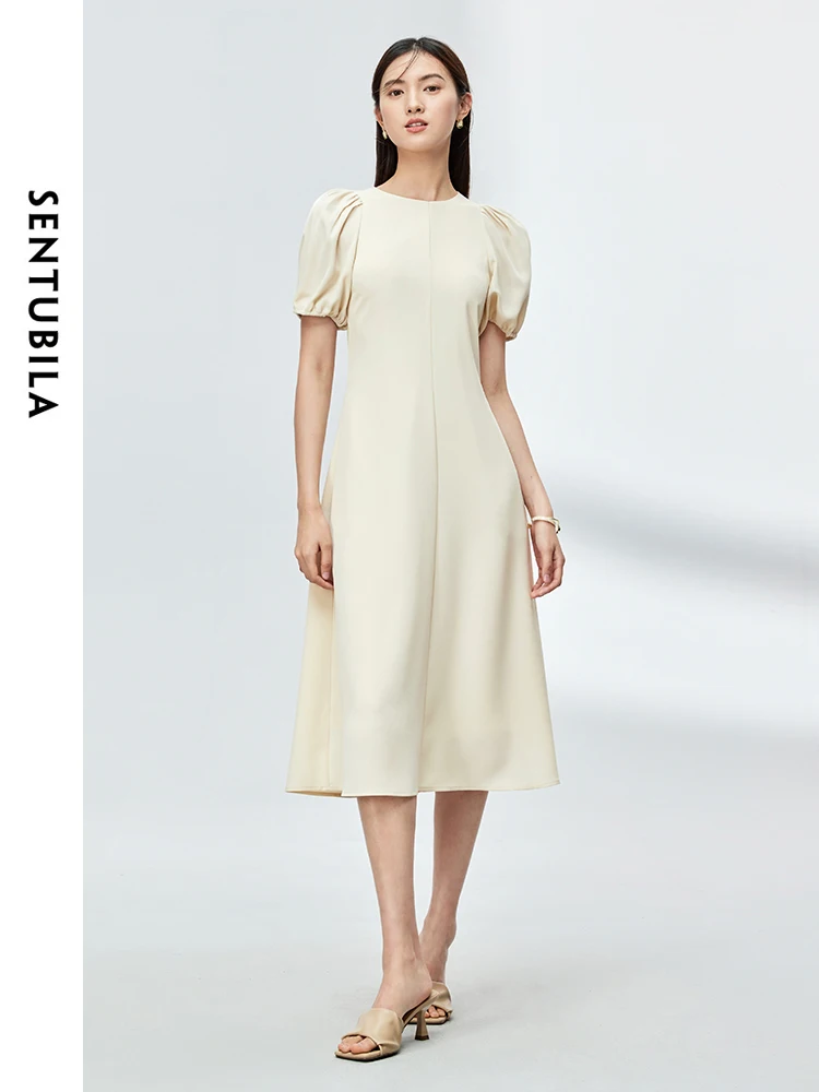 

SENTUBILA Summer Puff Sleeve A-line Dress Women 2024 Apricot Retro Elegant Round Neck Pocket Short Sleeve Midi Dresses M32L49822